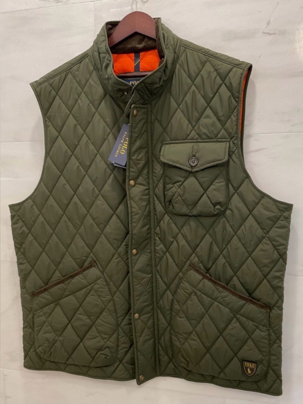 NWT Polo Ralph Lauren OLIVE GREEN Quilted Vest with BROWN Corduroy Collar - XL